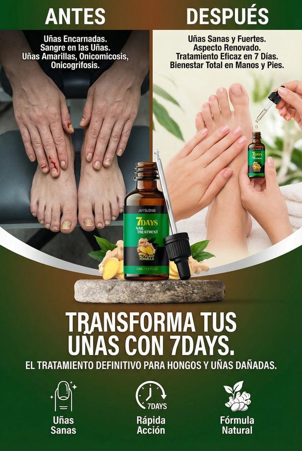 🦶✨ Recupera tus uñas en 7 días y deja de esconder tus pies para siempre.  🌿 Actúa desde la primera aplicación eliminando hongos visibles y ocultos, ayudándote a lograr uñas limpias en solo 7 días y la seguridad de volver a mostrarlas sin vergüenza